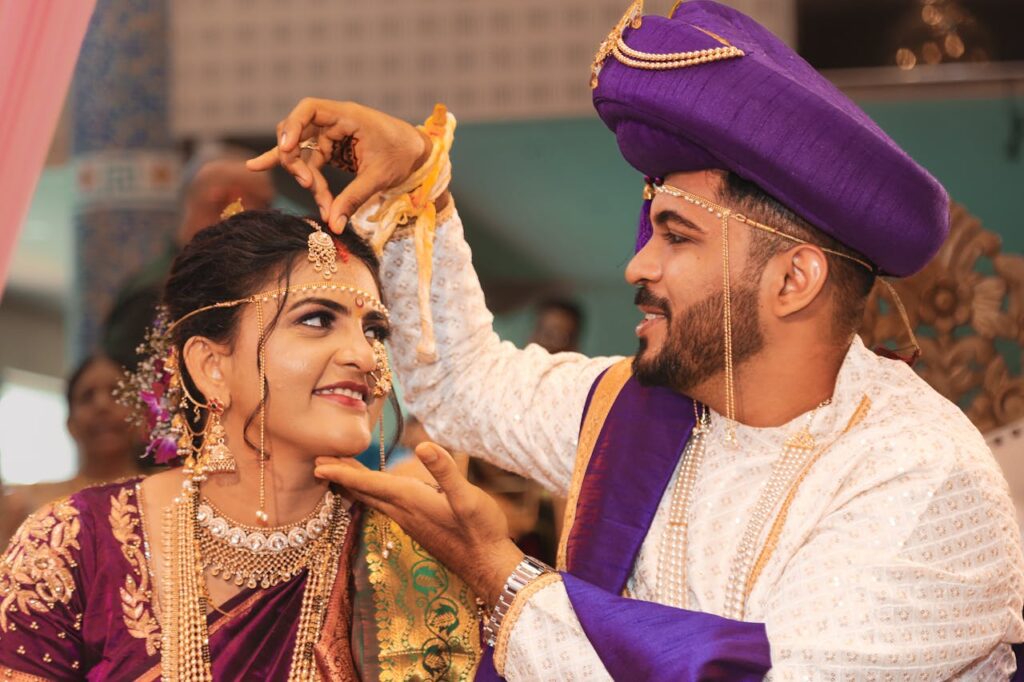 Vibrant Indian wedding ceremony featuring bride and groom in traditional attire, showcasing rich cultural heritage.